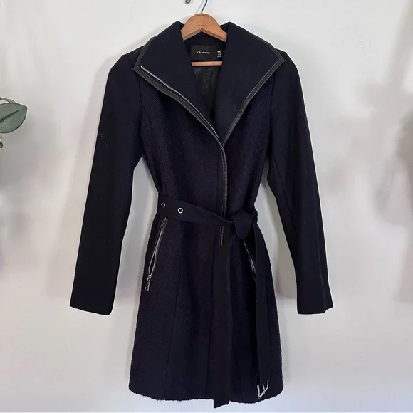 Tahari Wool Blend Full Zip Belted Black Pea Coat Women’s Sz Large
